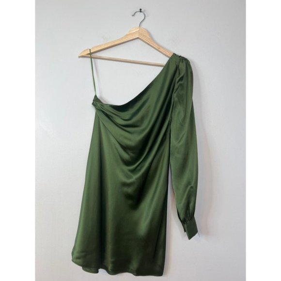 NWT Cami NYC Juanita Silk One-Shoulder Long Sleeve Rosemary Green Mini Dress - Picture 2 of 8